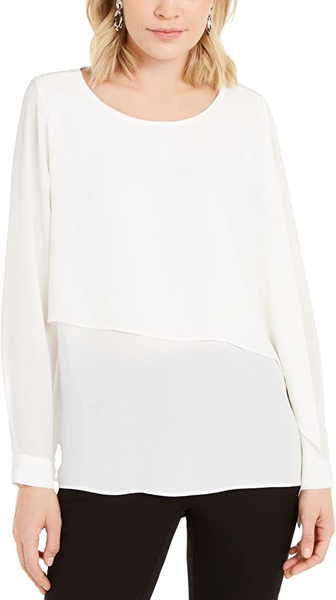 Alfani Women's Asymmetric Layered Shirt Ivory M